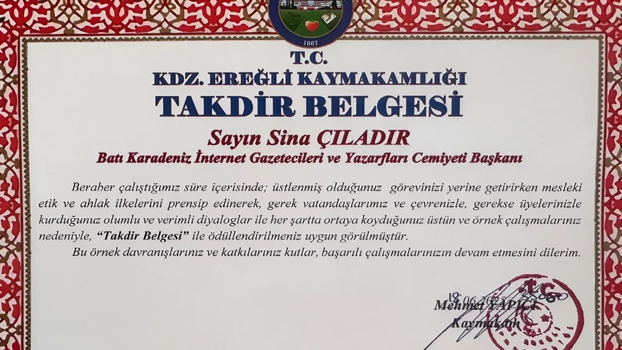 Kdz. Ereğli Kaymakamı’ndan BATİYAC Başkanı Çıladır’a takdir